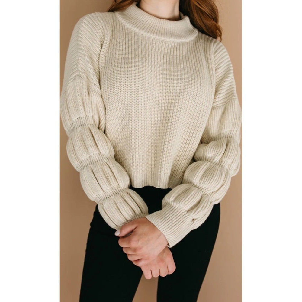 Miou Muse Womens Mock Neck Chunky Rib Knit Sweater Crop Bubble Sleeve Oatmeal S